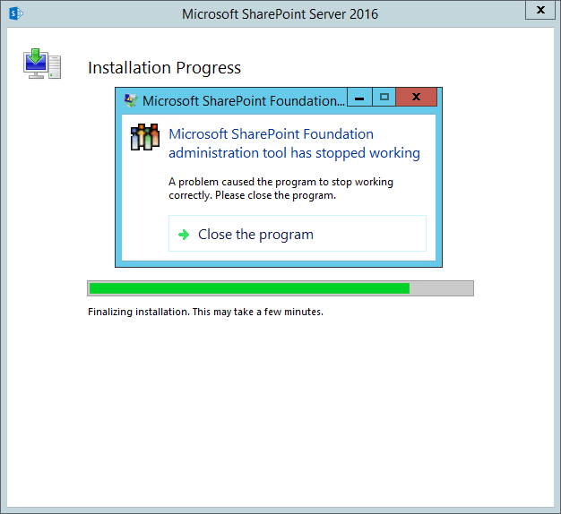 Microsoft SharePoint Foundation administration tool has stopped working