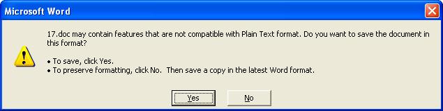 Plain text format are not compatible Microsoft Word Error