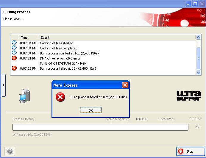 Nero error burning dvd at 2400kb/s