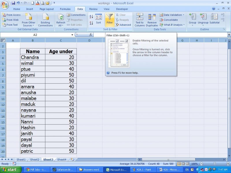 How to use the filter option in Microsoft excel?