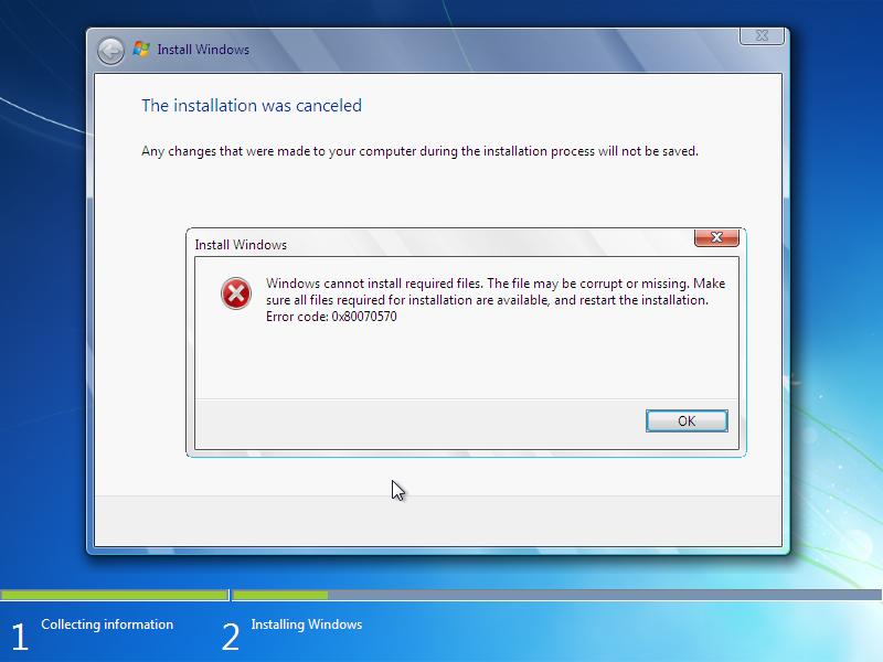 Error while installing windows 7(code 0×80070570)