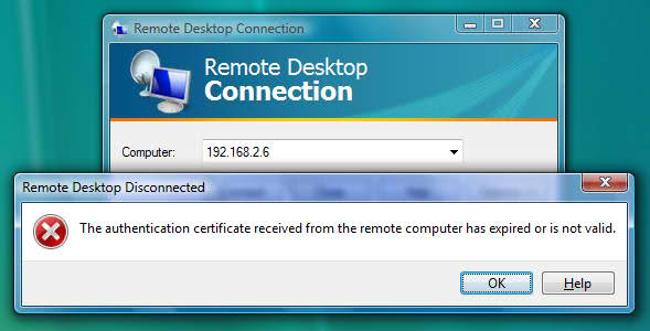 Remote Desktop Connection authentication certificate has expired or is