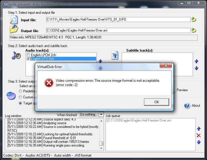 Virtual Dub Compression Error Core 2