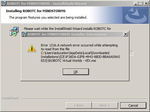 A network error occurred when installing ROBOTC