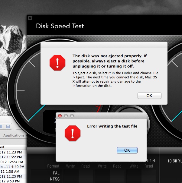 Disk speed test error testing a USB drive