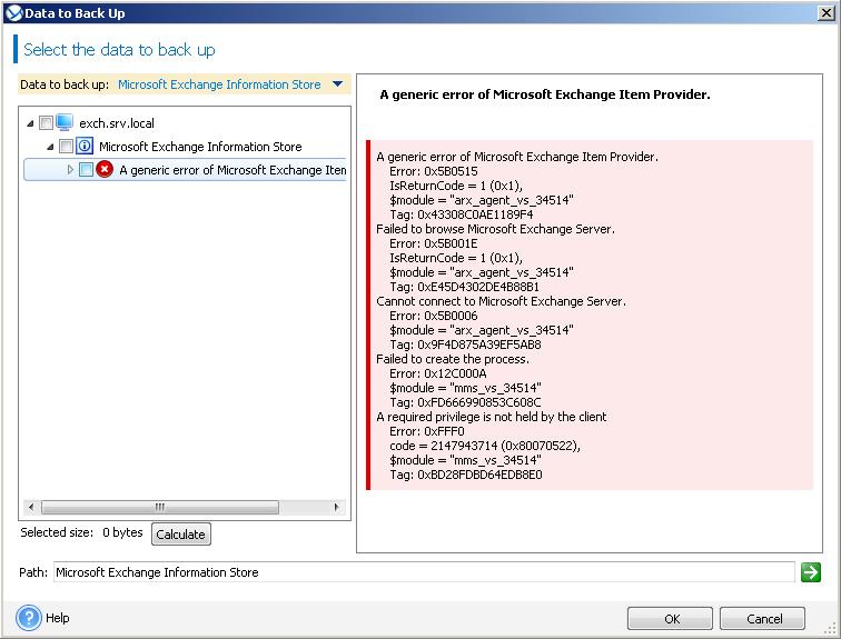 Error 0x580515 A generic error of Microsoft Exchange Item Provider