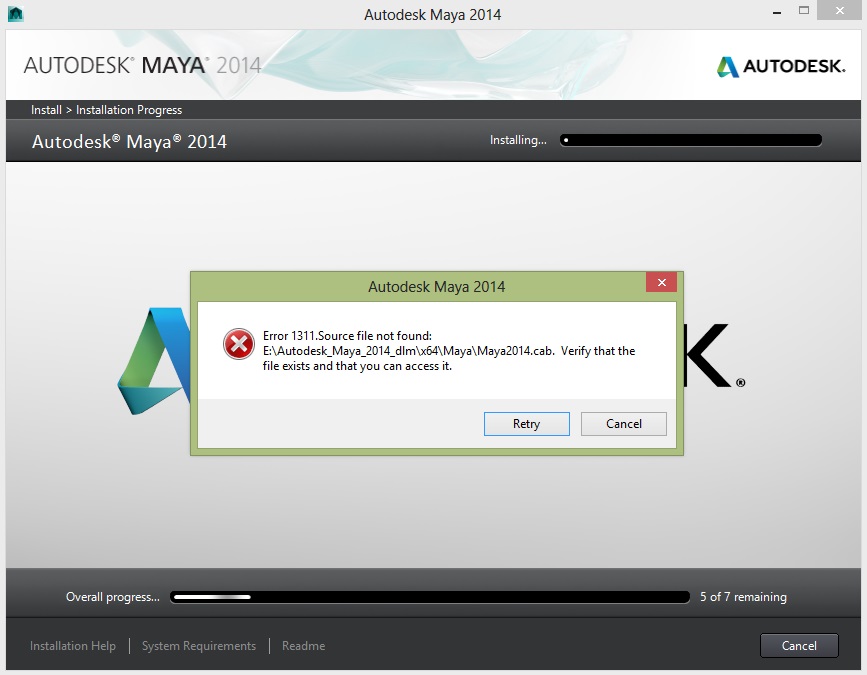Error 1311 occurred and source file not found