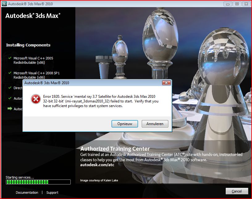 Fails to install AutoDesk 3DS Max 2010 with error 1920