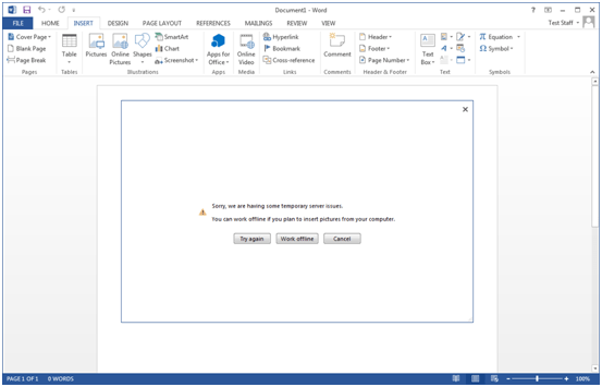 Office 2013 error “Sorry, we are having some temporary server issues
