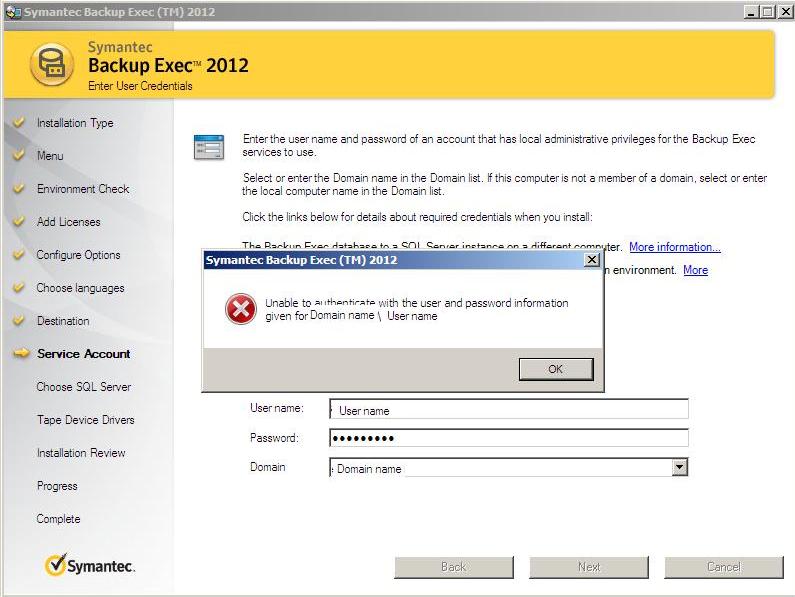 Synamtec Backup Exec TM 2012 error authenticating