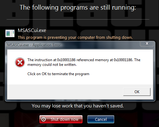 The msascui.exe application error occuurred