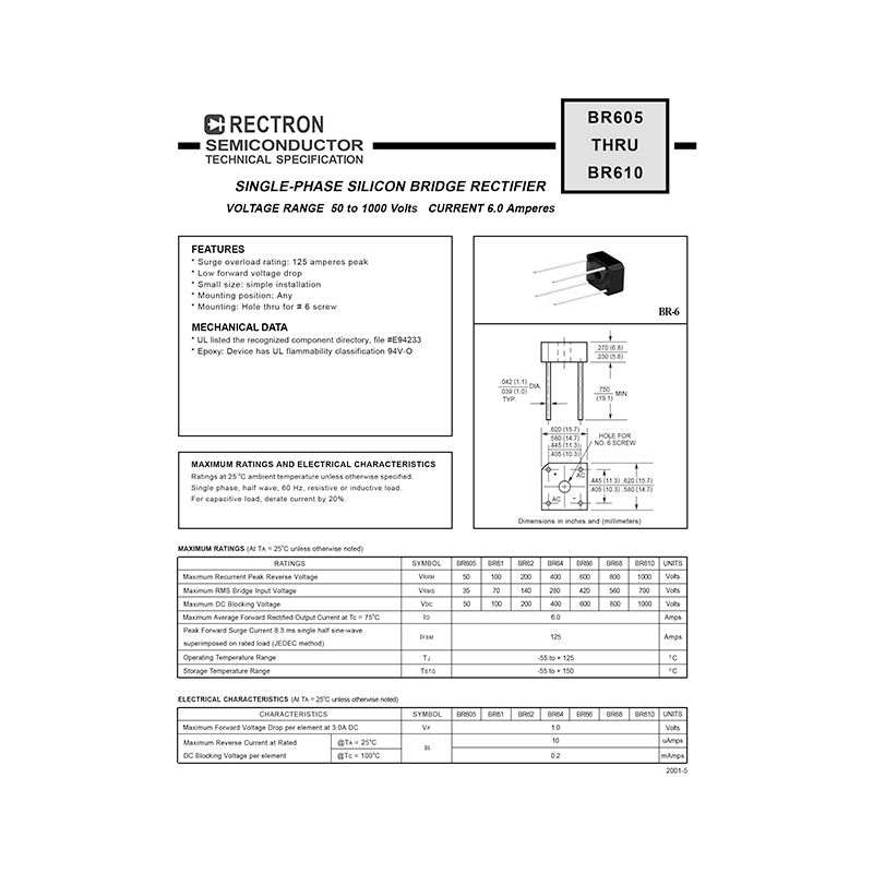 BR605 Rectron 50V 6A Bridge Rectifier Datasheet
