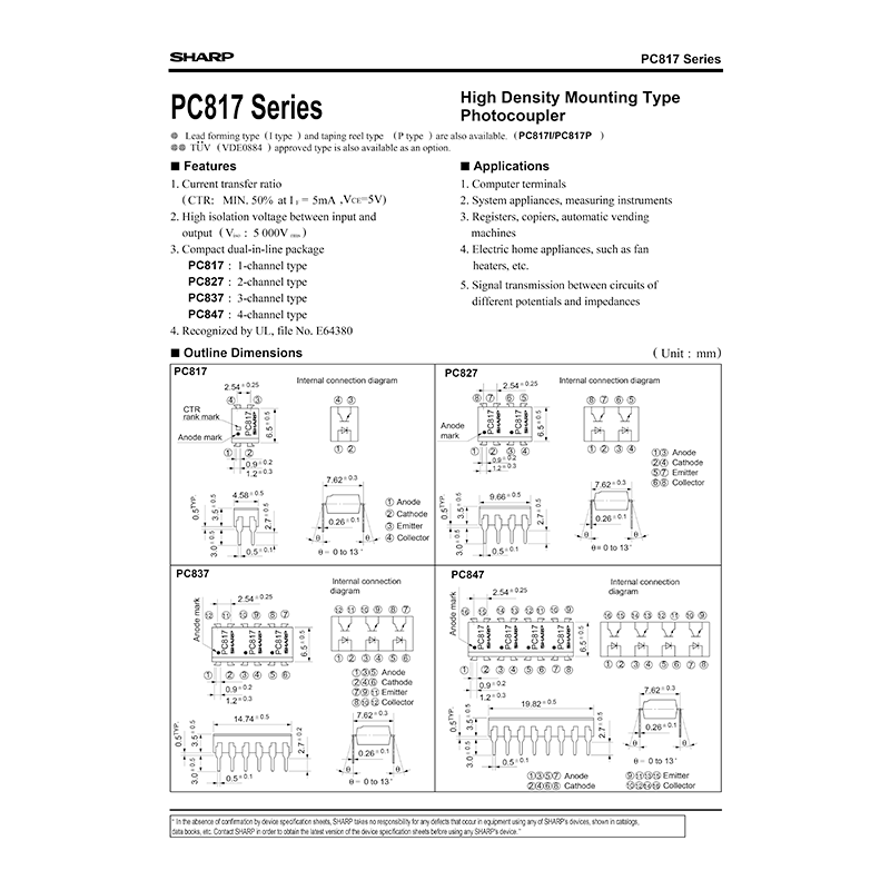 PC817 Sharp 1channel Photocoupler Datasheet