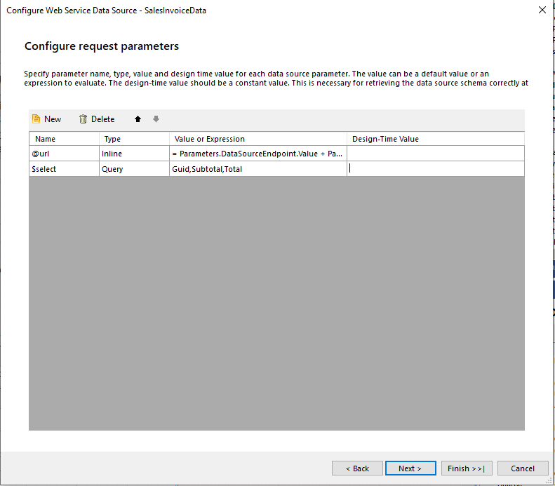 How to set DesignTime values for web service datasource parameters