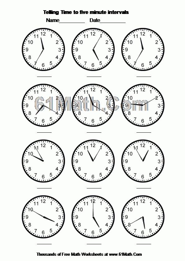 Telling Time To Five Minute Intervals Create Your Own Math Worksheets Telling Time Worksheets
