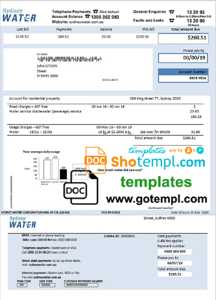 editable template, Australia Sydney water utility bill template, fully