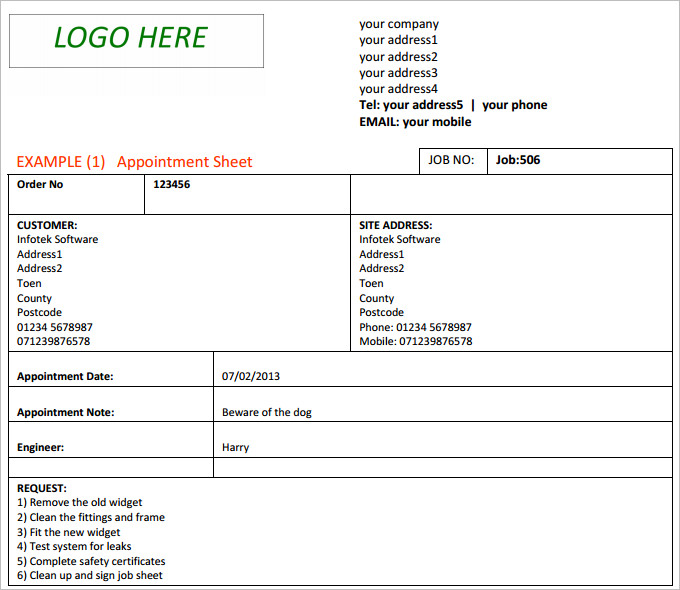 Job Sheet Template Free Excel, PDF, Documents Downloads
