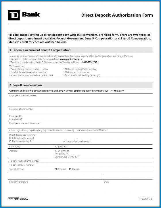 √ Free Printable Bank Direct Deposit Form Template