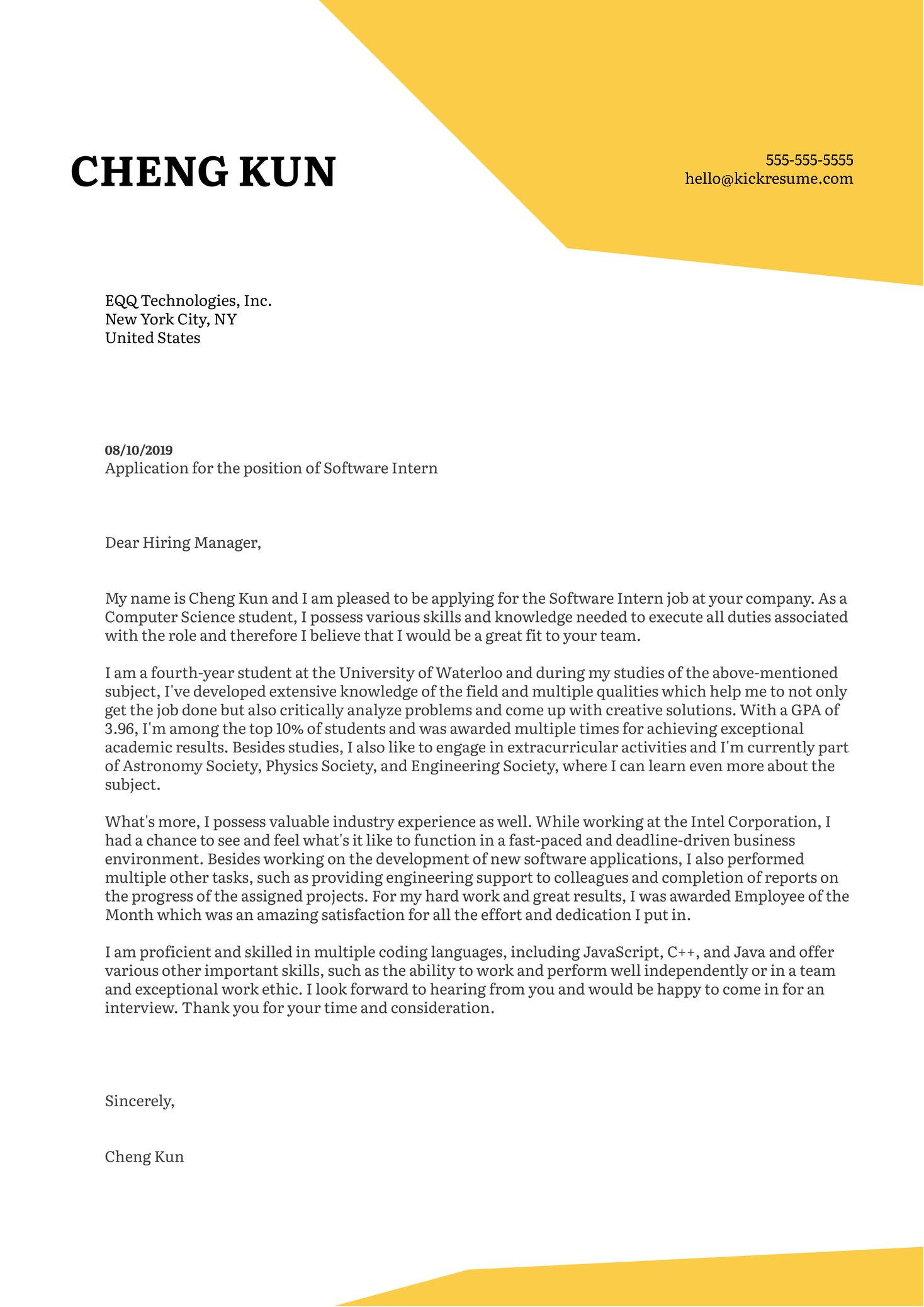 College Student Cover Letter Template Example | Templateral