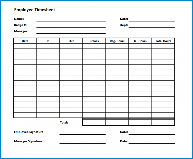 √ Free Printable Timesheet Template PDF