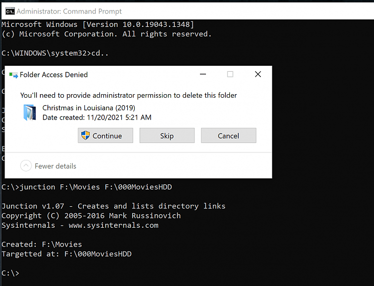 Can't delete folders/files within a symbolic link or junction mklink