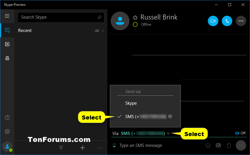 Send SMS Text Messages from Skype app on Windows 10 PC Tutorials