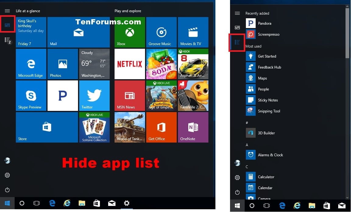 Hide or Show App List in Start Menu in Windows 10 Tutorials
