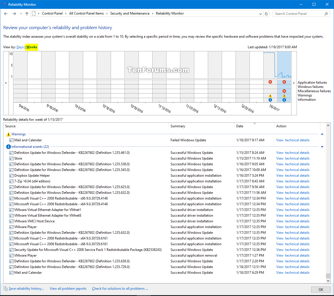 View Reliability History in Windows 10 Tutorials