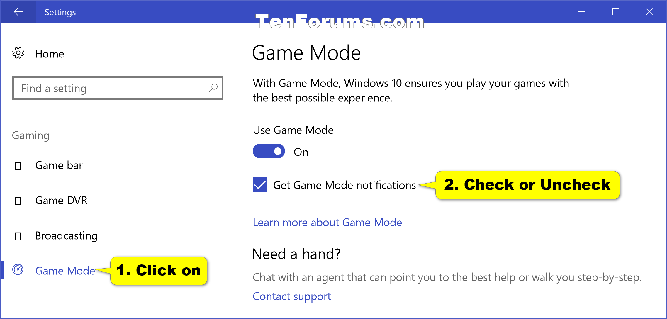 Game Mode Notifications Turn On or Off in Windows 10