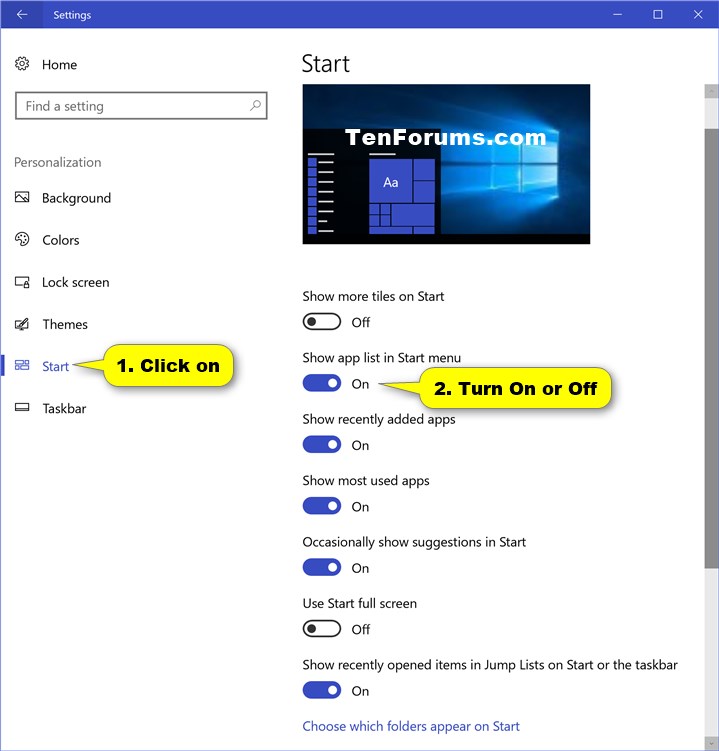 Hide or Show App List in Start Menu in Windows 10 Tutorials