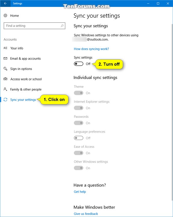 Turn On or Off Sync Settings for Microsoft Account in Windows 10