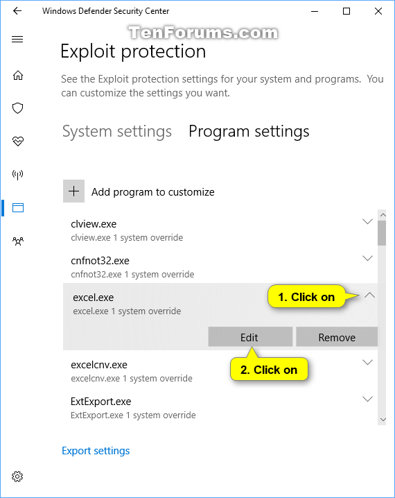 Change Windows Defender Exploit Protection Settings in Windows 10