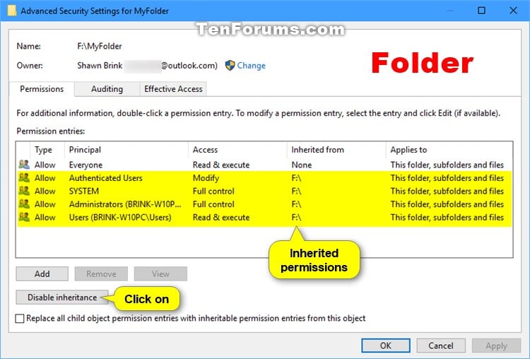 Enable or Disable Inherited Permissions for Objects in Windows Tutorials