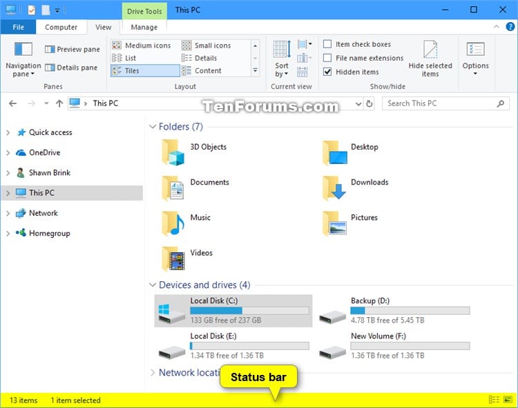Hide or Show Status Bar in File Explorer in Windows 10 Tutorials