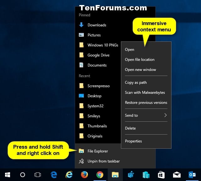 Open Context Menu for Taskbar Icons in Windows 10 Tutorials