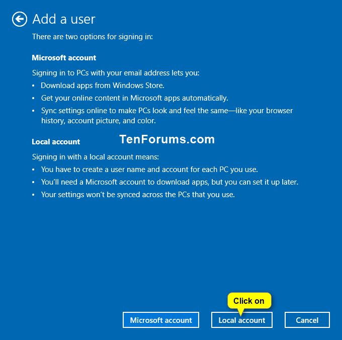Add Local Account or Microsoft Account in Windows 10 Tutorials