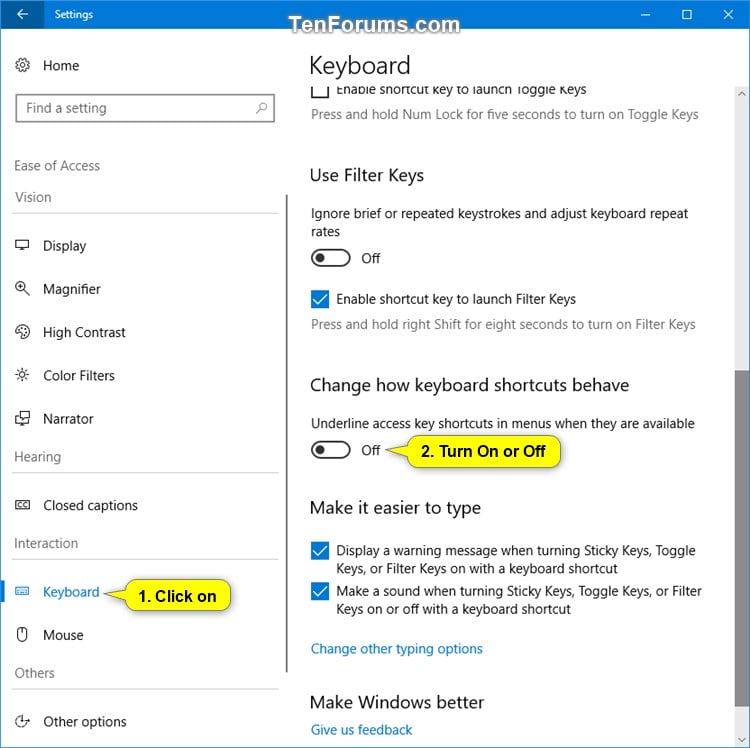 Turn On or Off Underline Access Key Shortcuts in Menus in Windows 10
