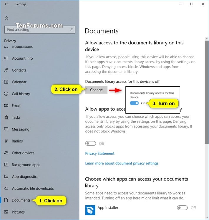 Allow or Deny OS and Apps Access to Documents Library in Windows 10
