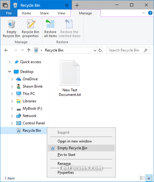 Remove Empty Recycle Bin from Context Menu of Recycle Bin in Windows