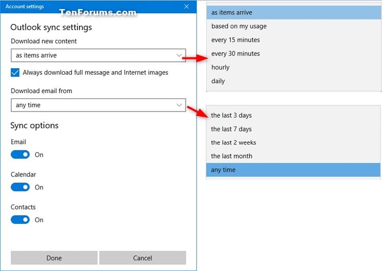 Outlook app sync settings