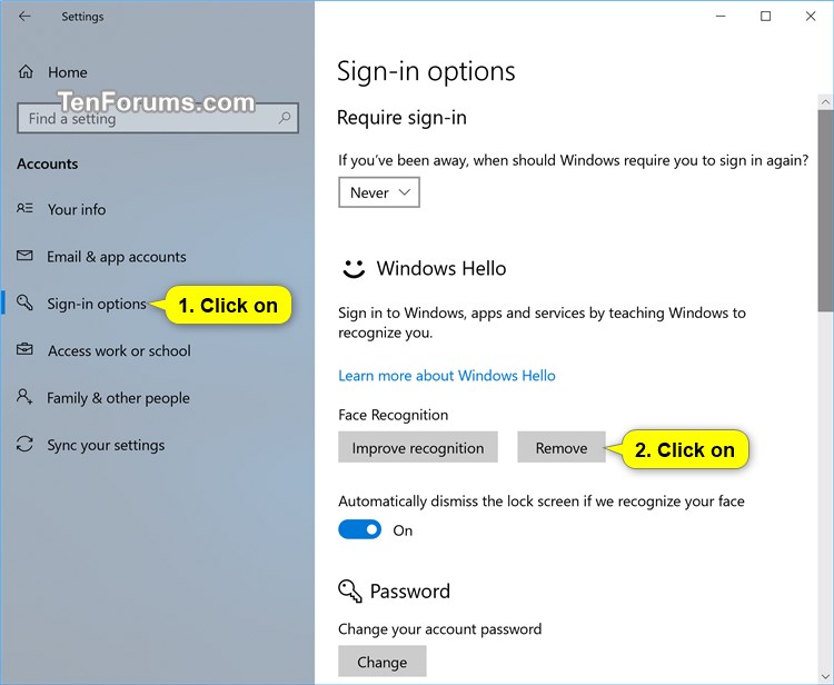 User Accounts Remove Your Face from Windows Hello in Windows 10