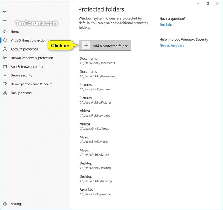 Add Protected Folders to Controlled Folder Access in Windows 10 Tutorials