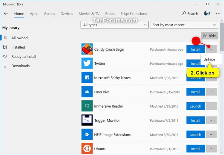 Hide or Unhide Your Apps in Store My Library List in Windows 10 Tutorials