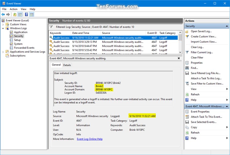 Read Logoff and Sign Out Logs in Event Viewer in Windows Tutorials