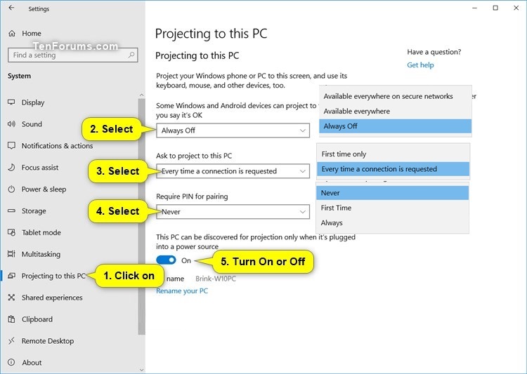 Turn On or Off Projecting to this PC in Windows 10 Tutorials