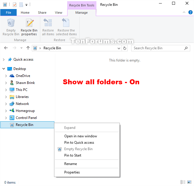 Add or Remove Recycle Bin from Navigation Pane in Windows 10 Tutorials