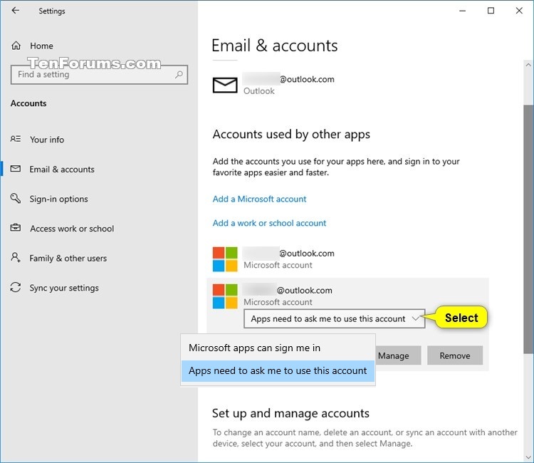 Add and Remove Accounts used by other apps in Windows 10 Tutorials