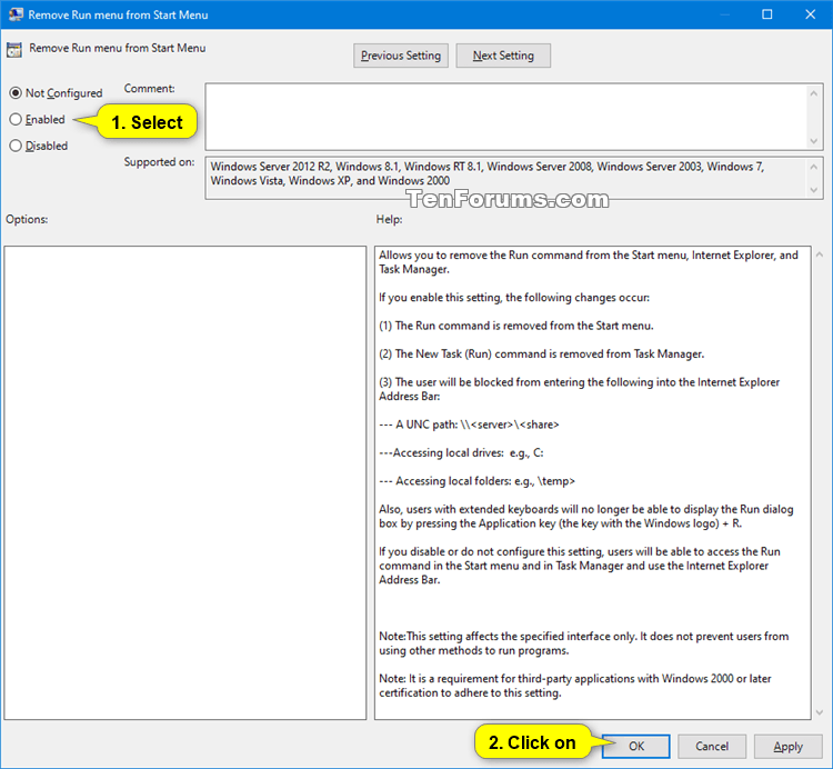 Disable Run Dialog Box in Windows 7, Windows 8, and Windows 10 Tutorials