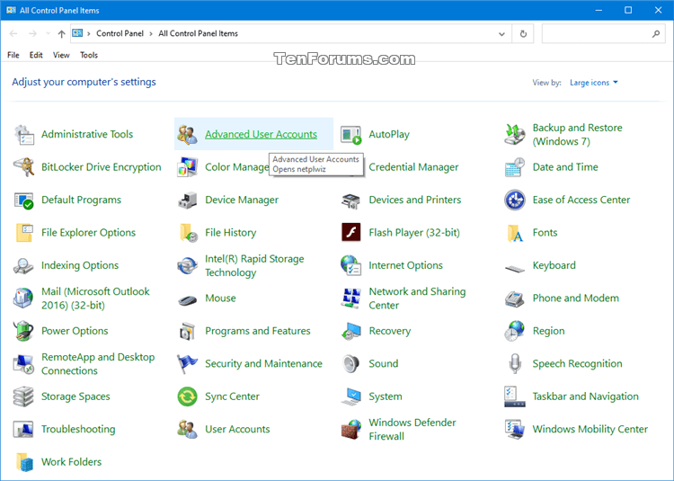 Add Advanced User Accounts to Control Panel in Windows 7, 8, and 10 Tutorials
