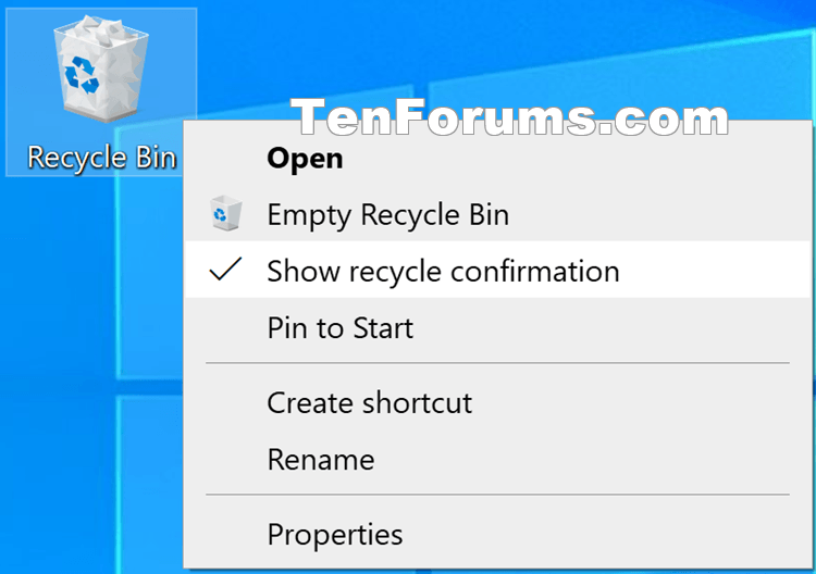 Add Show Recycle Confirmation to Windows 10 Recycle Bin Context Menu